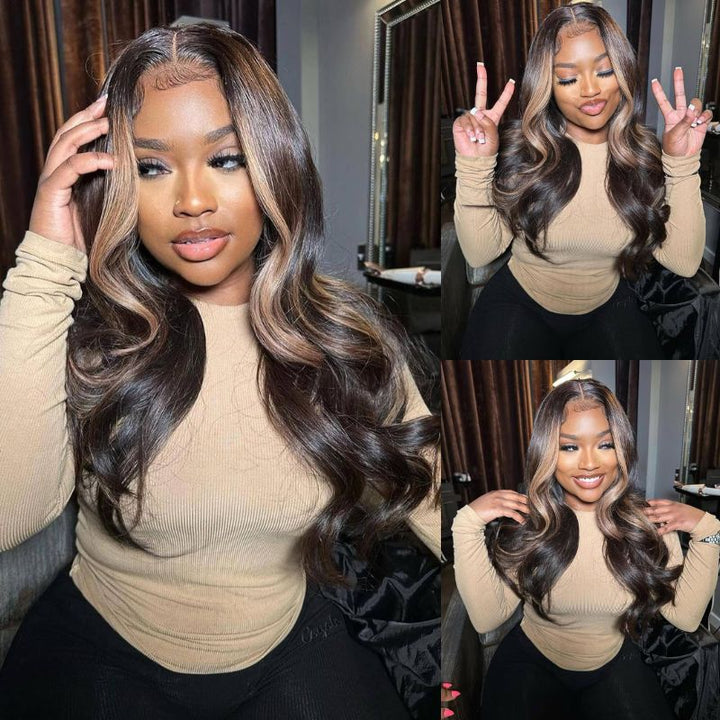 Money Piece Brown Body Wave HD Transparent Lace Front Wigs Glueless Skunk Stripe Color Human Hair Wigs-Daisy Hair