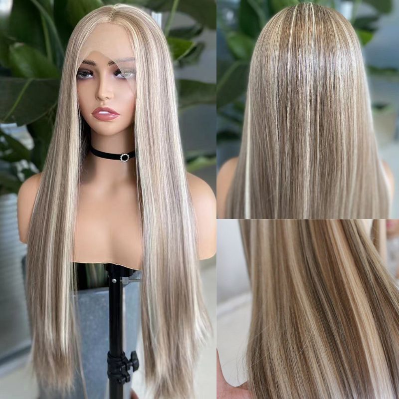 Straight Balayage HD Lace Front Wig Ash Blonde Colored Human Hair Wigs With Highlights Daisy Hair