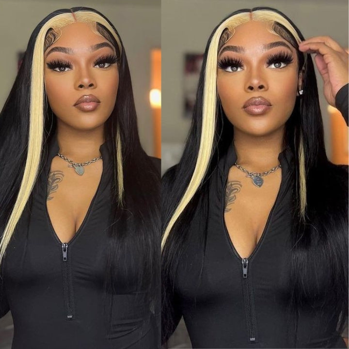 13x4 Lace Frontal Skunk Stripe Wig #613/Black Color Highlight Straight Hair Lace Front Wigs-Daisy Hair