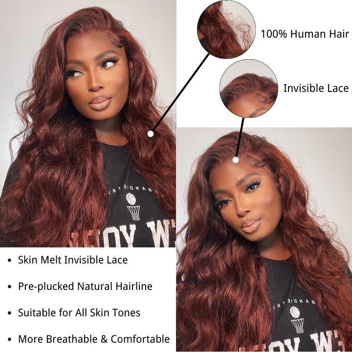 13x4 Reddish Brown HD Lace Front Human Hair Wigs Auburn Body Wave Transparent Lace Wig - Daisy Hair