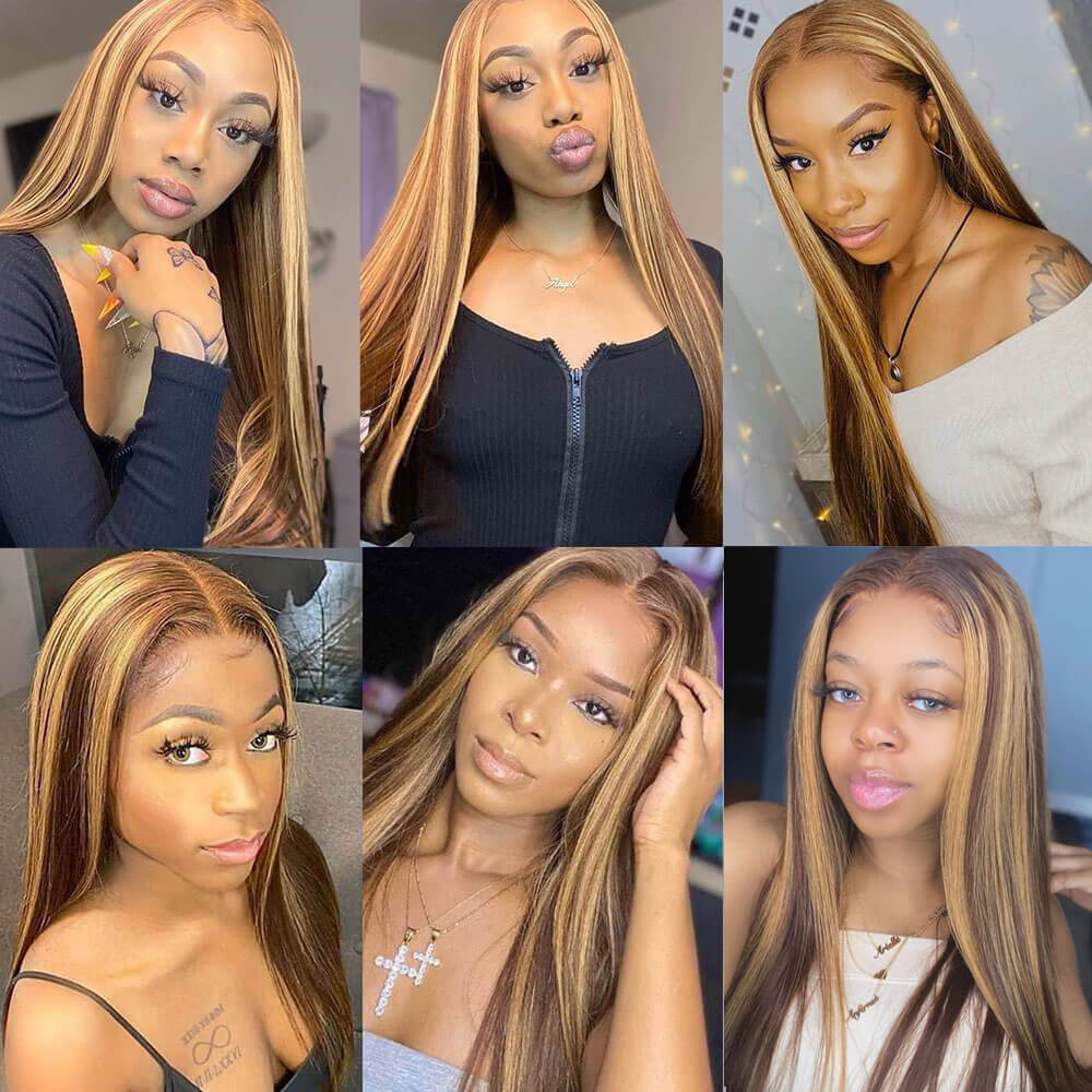 Straight Hair Honey Blonde Highlight Wig 13x4 HD Transparent Lace Human Hair Wigs Pre Plucked With Baby Hair-Daisy hair