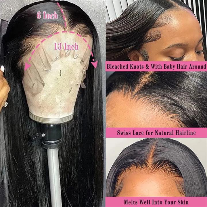 Pre Bleached 13x6 Straight Lace Front Wigs Human Hair 180% Density HD Transparent Glueless Wigs Daisy Hair