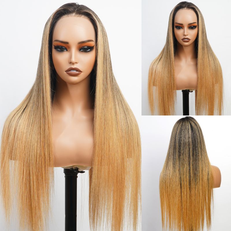 Luxury Designer Series Honey Blonde Straight 13x4 Lace Front Wig Dark Roots Ombre Blonde Wigs 180% Density Daisy Hair