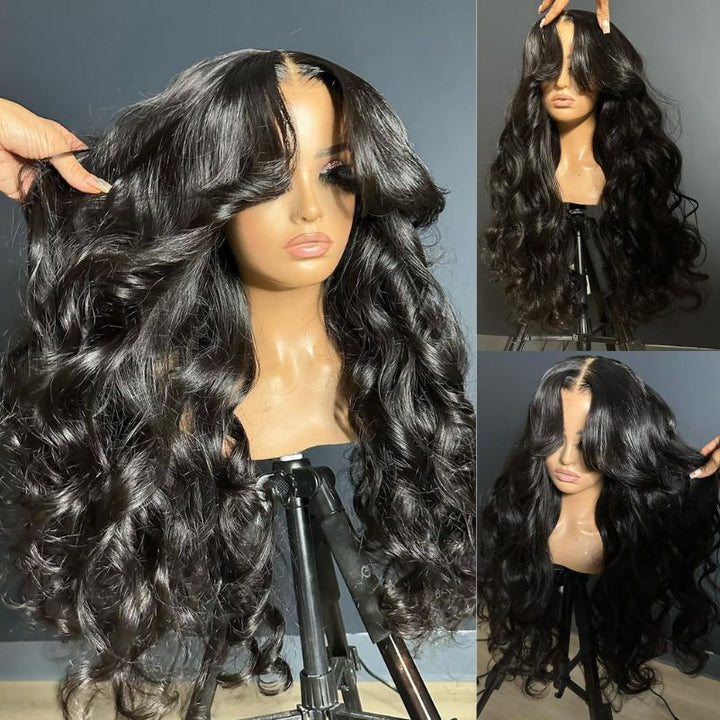 Loose Body Wave Human Hair Wigs 13x4 Ocean Wave Lace Front Wigs with Curtain Bangs Pre Plucked 180% Density-Daisy Hair