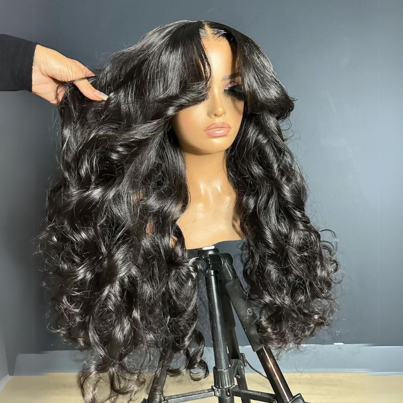 Loose Body Wave Human Hair Wigs 13x4 Ocean Wave Lace Front Wigs with Curtain Bangs Pre Plucked 180% Density-Daisy Hair