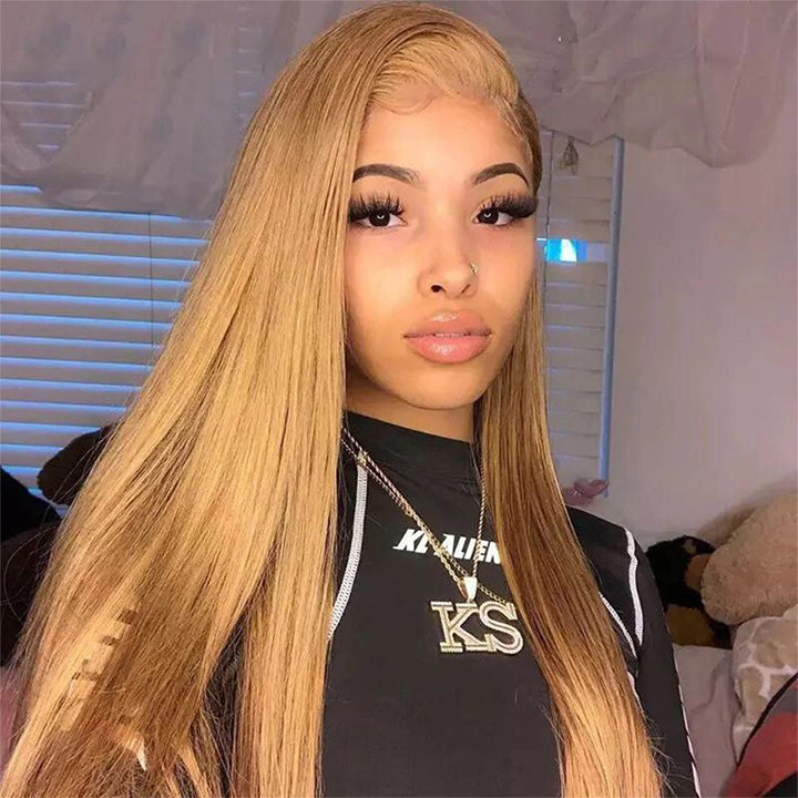 Honey Blonde Straight HD Transparent Lace Front Wig #27 Color  Glueless Pre Plucked Hairline Real Human Hair Wigs Daisy Hair