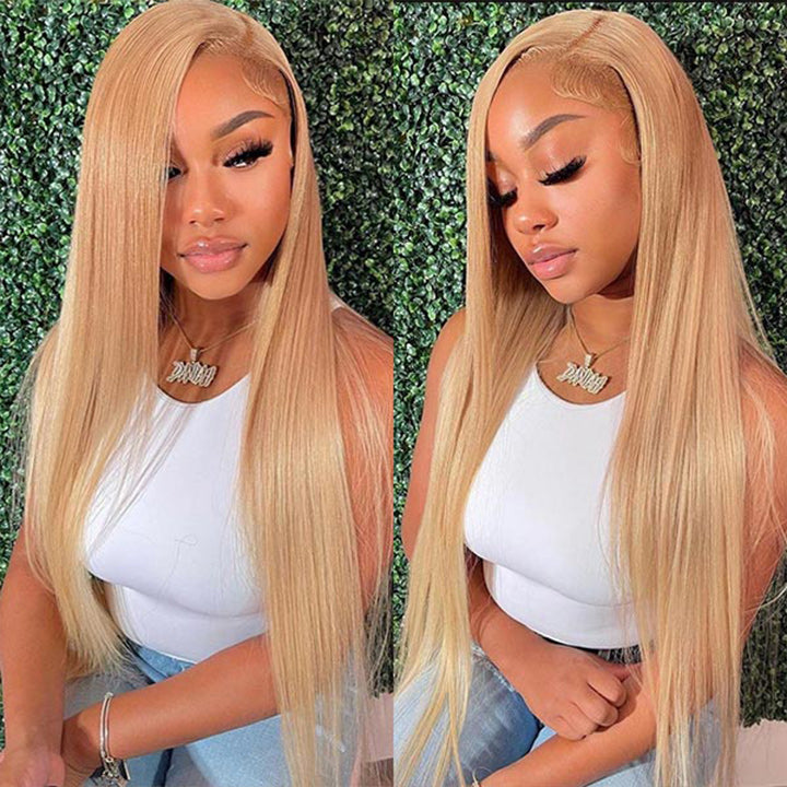 Honey Blonde Straight HD Transparent Lace Front Wig #27 Color  Glueless Pre Plucked Hairline Real Human Hair Wigs Daisy Hair