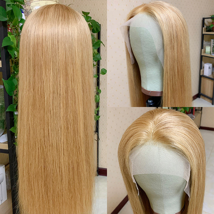 Honey Blonde Straight HD Transparent Lace Front Wig #27 Color  Glueless Pre Plucked Hairline Real Human Hair Wigs Daisy Hair