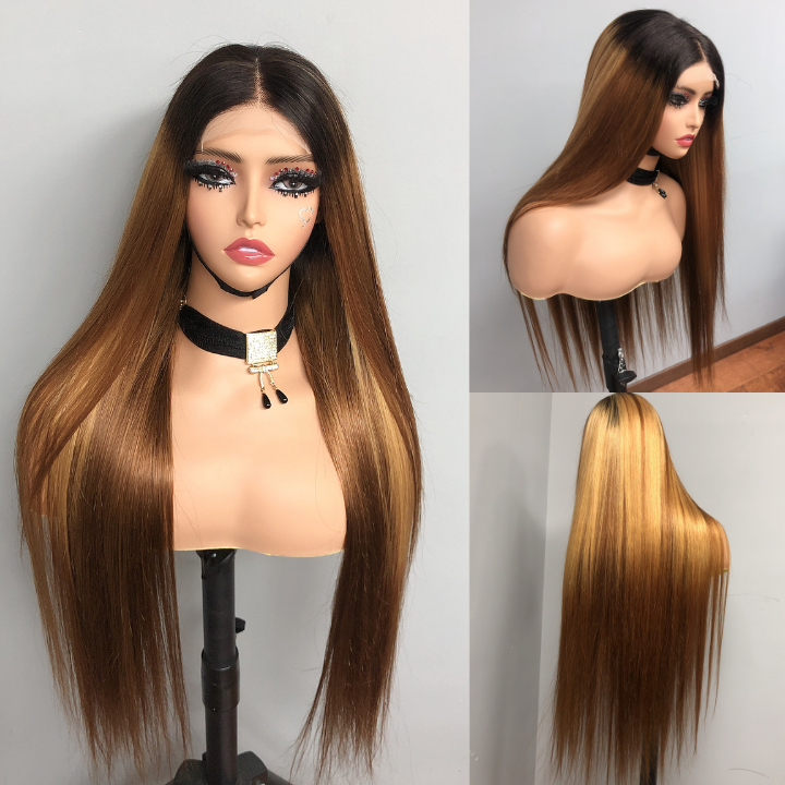 Straight Brown Wig With Blonde Highlights 13x4 HD Transaparent Lace Front Human Hair Wigs With Dark Roots - 	Daisy Hair