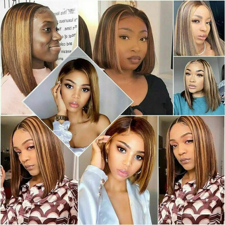 Straight Hair Honey Blonde Highlight Bob Human Hair Wigs HD Lace 13x4/4x4 Frontal/Closure Ombre Glueless Wigs-Daisy Hair