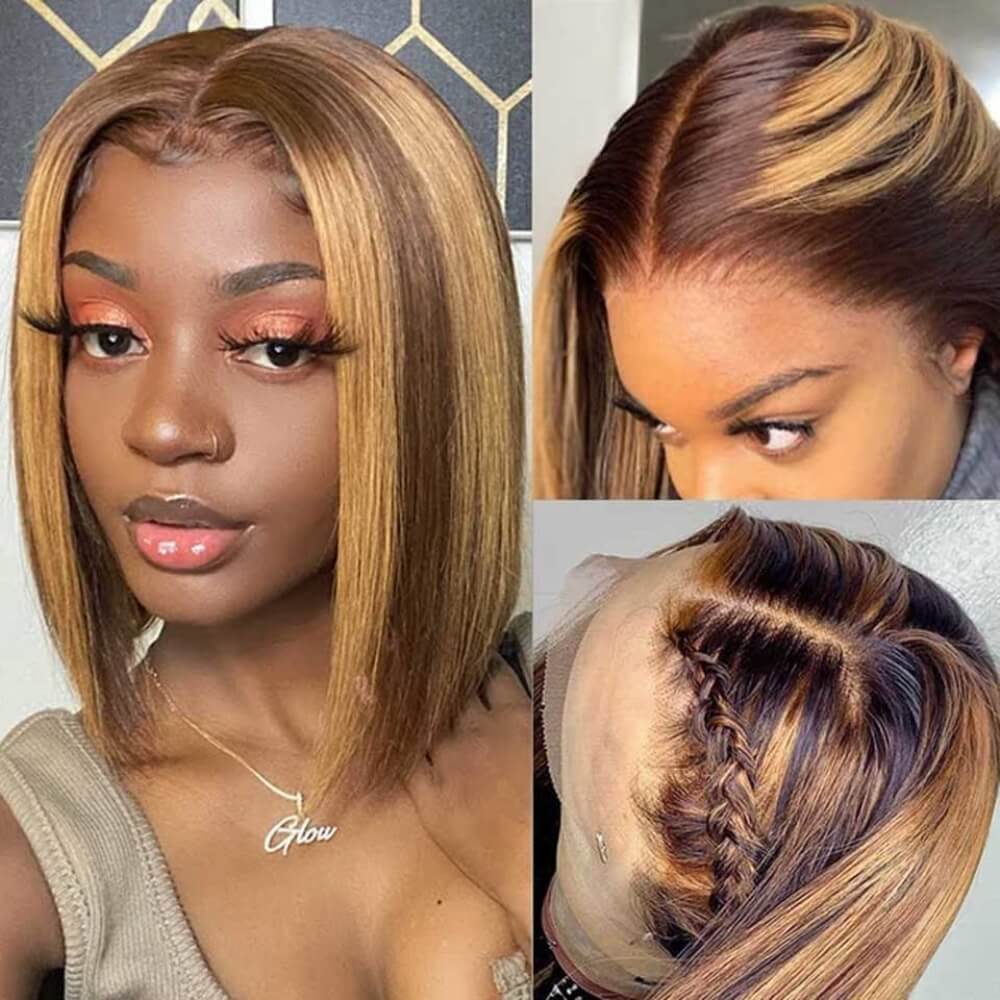 Straight Hair Honey Blonde Highlight Bob Human Hair Wigs HD Lace 13x4/4x4 Frontal/Closure Ombre Glueless Wigs-Daisy Hair