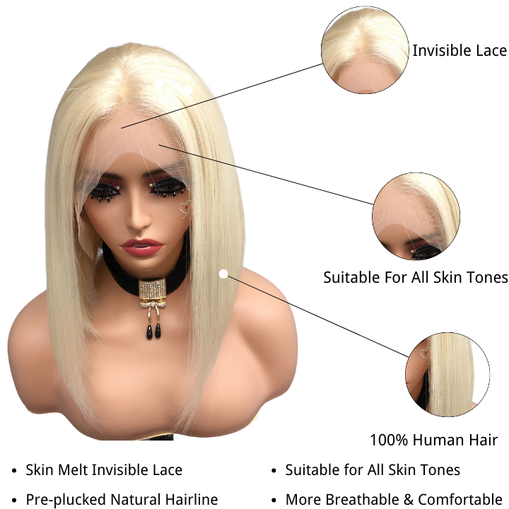 #613 Blonde 13x4 Short Bob Lace Front Wig Straight Hair Undetectable Lace Wig Pre Plucked With Baby Hair Natural Hairline Glueless Wig- Daisy Hair