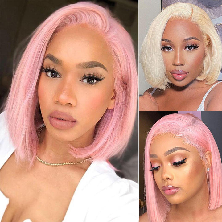 613 Blonde/Pink 13x4 Short Bob Lace Front Wig Straight Hair Undetectable Lace Wig Pre Plucked With Baby Hair Natural Hairline Glueless Wig- Daisy Hair