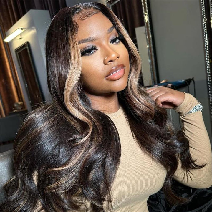 Money Piece Brown Body Wave HD Transparent Lace Front Wigs Glueless Skunk Stripe Color Human Hair Wigs-Daisy Hair