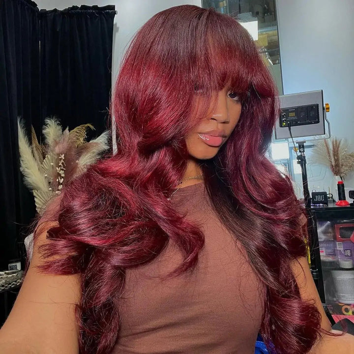 99j Burgundy Lace Front Wigs Body Wave Wigs with Bangs Human Hair Wigs Pre Plucked Daisy Hair