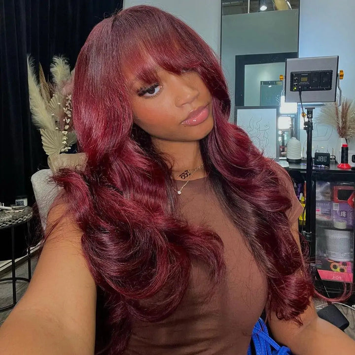 99j Burgundy Lace Front Wigs Body Wave Wigs with Bangs Human Hair Wigs Pre Plucked Daisy Hair