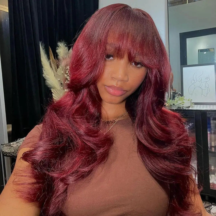 99j Burgundy Lace Front Wigs Body Wave Wigs with Bangs Human Hair Wigs Pre Plucked Daisy Hair