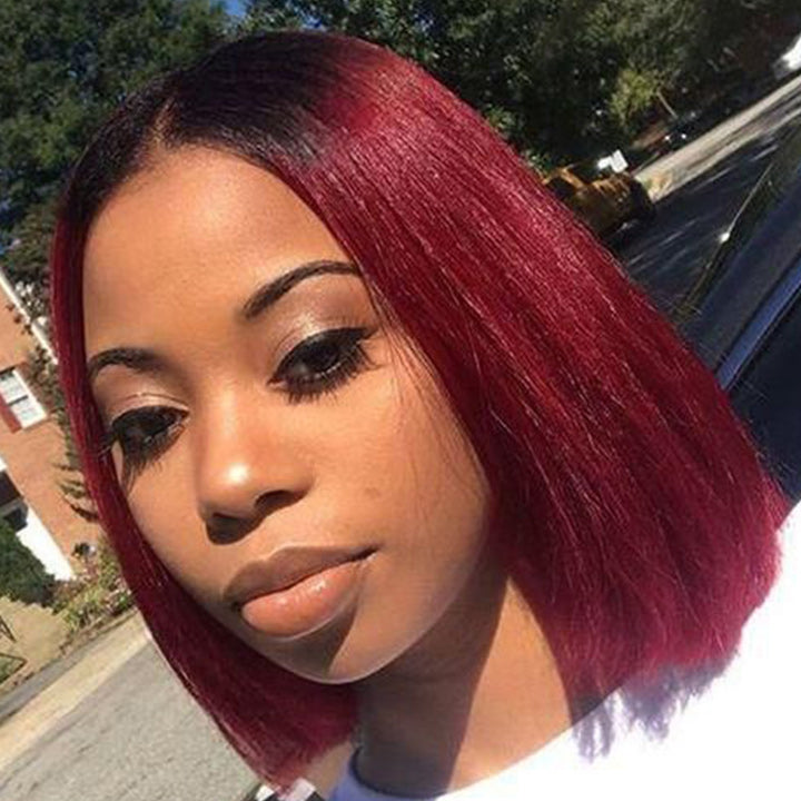 Straight Burgundy Glueless HD Lace Front Bob Wig with Black Roots 99j Colored Short Human Hair Bob Wigs Daisy Hair