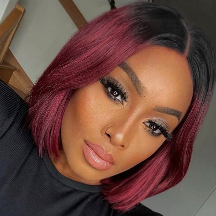 Straight Burgundy Glueless HD Lace Front Bob Wig with Black Roots 99j Colored Short Human Hair Bob Wigs Daisy Hair