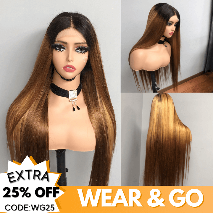 Straight Brown Wig With Blonde Highlights 13x4 HD Transaparent Lace Front Human Hair Wigs With Dark Roots - 	Daisy Hair