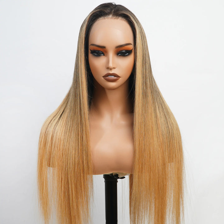 Luxury Designer Series Honey Blonde Straight 13x4 Lace Front Wig Dark Roots Ombre Blonde Wigs 180% Density Daisy Hair