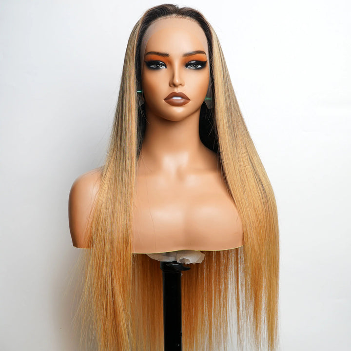 Luxury Designer Series Honey Blonde Straight 13x4 Lace Front Wig Dark Roots Ombre Blonde Wigs 180% Density Daisy Hair