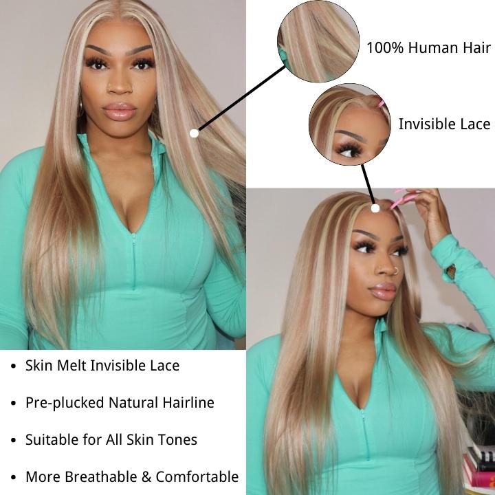 Straight Balayage HD Lace Front Wig Ash Blonde Colored Human Hair Wigs With Highlights Daisy Hair