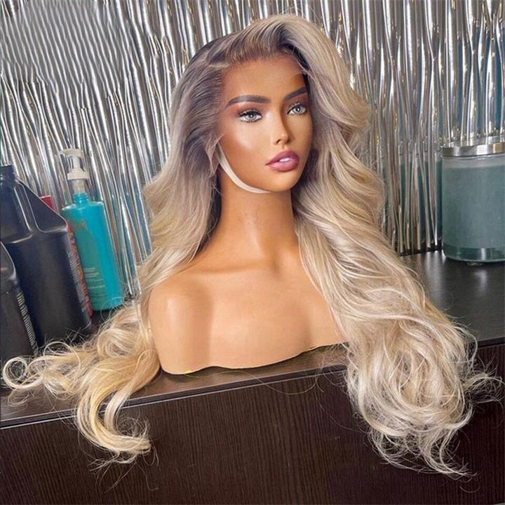 Highlight Ash Blonde Body Wave Lace Front Wig #613 Color Human Hair Wigs With Dark Roots-Daisy Hair