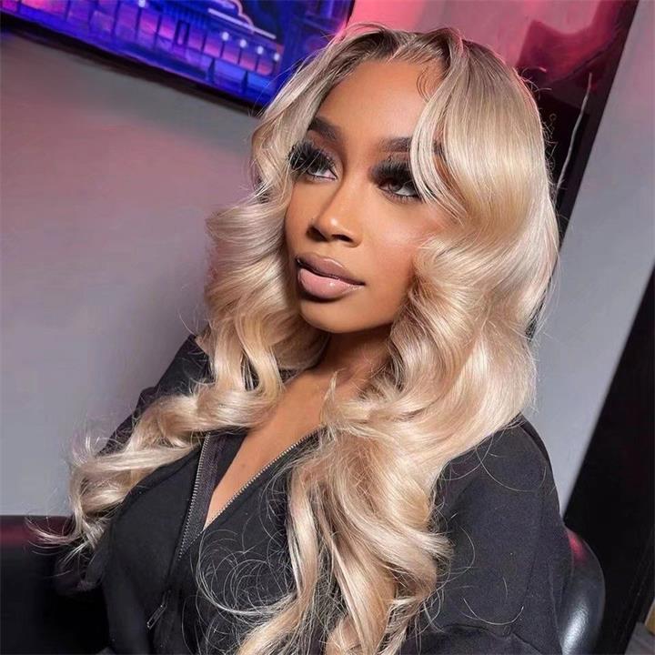 Highlight Ash Blonde Body Wave Lace Front Wig #613 Color Human Hair Wigs With Dark Roots-Daisy Hair