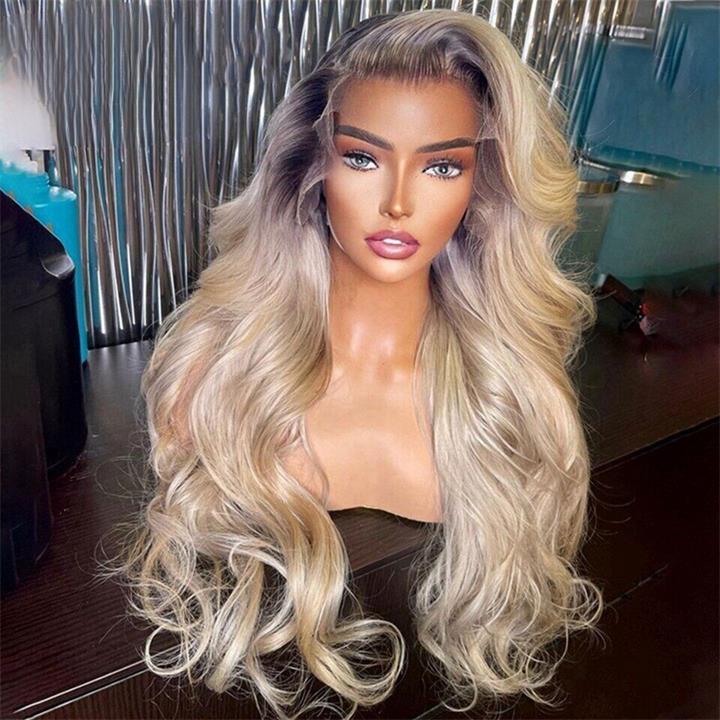 Highlight Ash Blonde Body Wave Lace Front Wig #613 Color Human Hair Wigs With Dark Roots-Daisy Hair