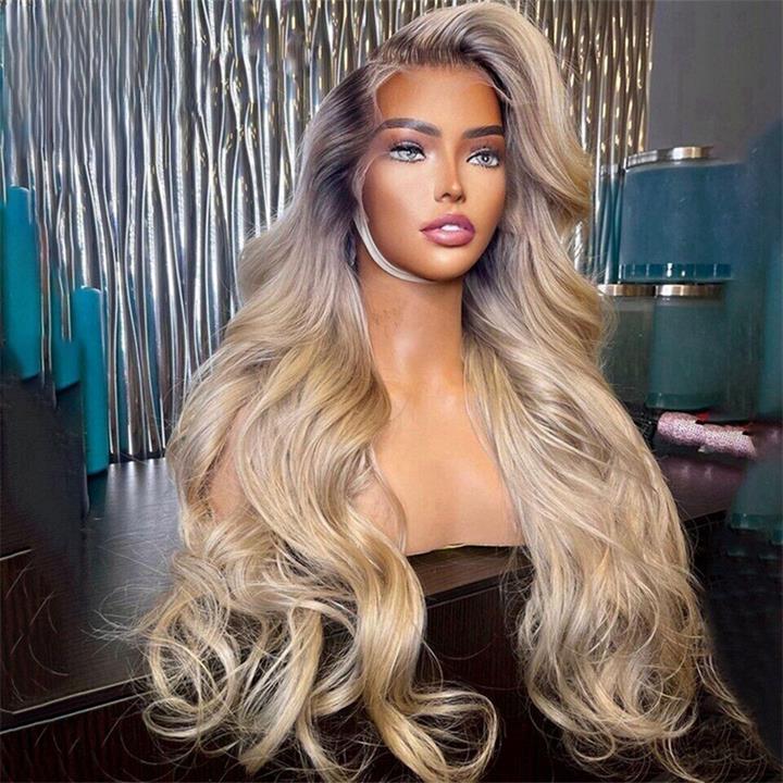 Highlight Ash Blonde Body Wave Lace Front Wig #613 Color Human Hair Wigs With Dark Roots-Daisy Hair