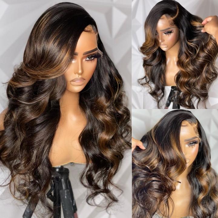 Balayage Light Brown Body Wave Glueless Transparent Lace Front Wig Highlight Pre Plucked Hairline Human Hair Wigs- Daisy Hair