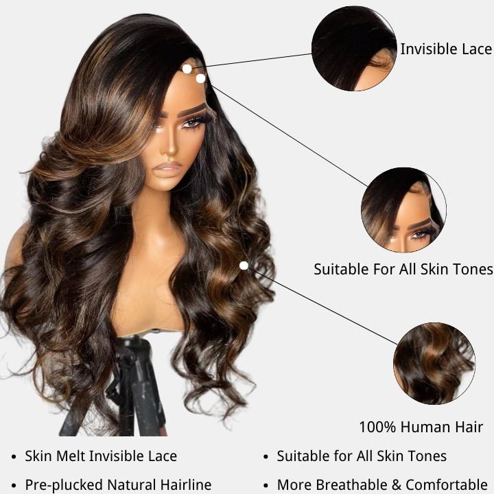 Balayage Light Brown Body Wave Glueless Transparent Lace Front Wig Highlight Pre Plucked Hairline Human Hair Wigs- Daisy Hair