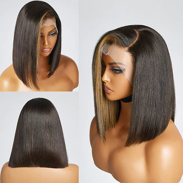 Flash Sale Blonde Highlight Bob Straight Wig Glueless Side Part Lace Front Wigs 180% Density - Daisy Hair