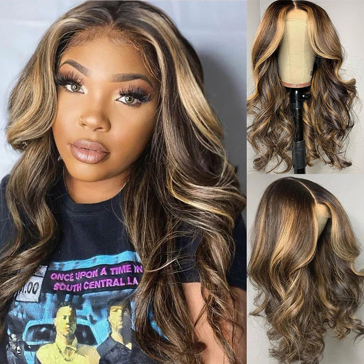 Blonde Balayage on Dark Brown Hair Body Wave Lace Front Wig Highlight HD Transparent Human Hair Wigs Daisy Hair