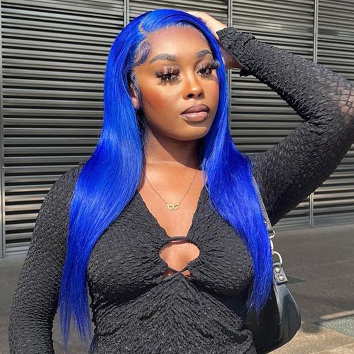 Blue Bone Straight HD Transparent Lace Wig Colored Straight Natural Hairline Human Hair Wigs Daisy Hair