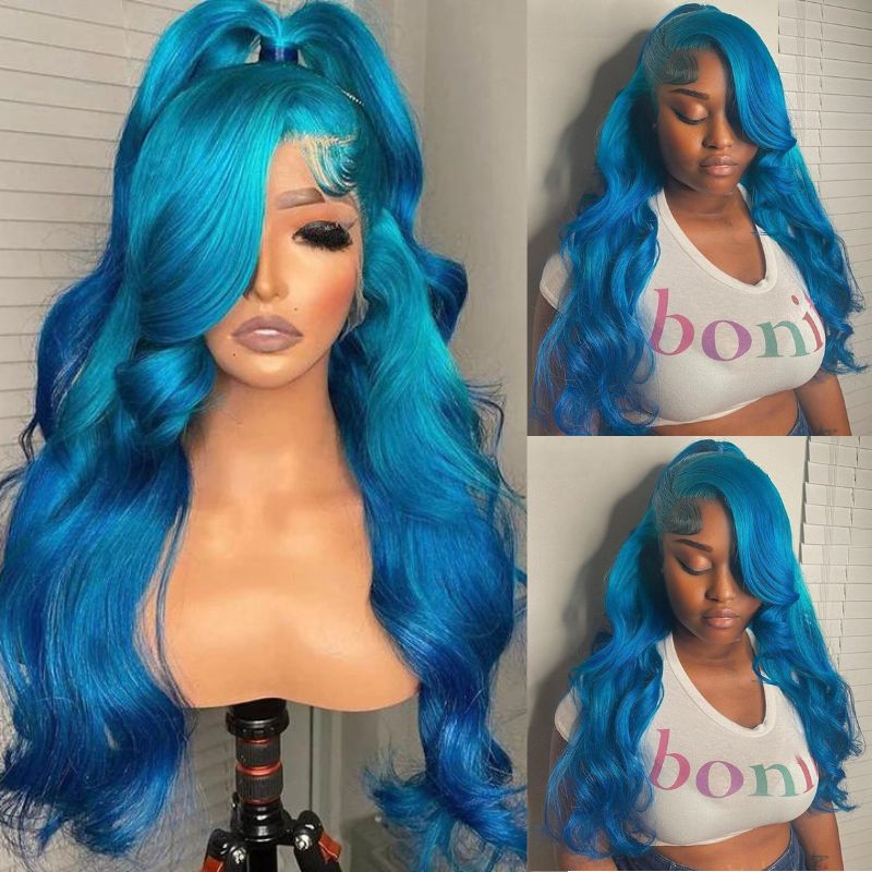 Ombre Lake Blue Body Wave HD Transparent Lace Wig Lake Blue Pre Plucked Human Hair Wigs Daisy Hair