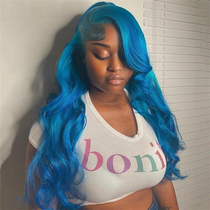 Ombre Lake Blue Body Wave HD Transparent Lace Wig Lake Blue Pre Plucked Human Hair Wigs Daisy Hair