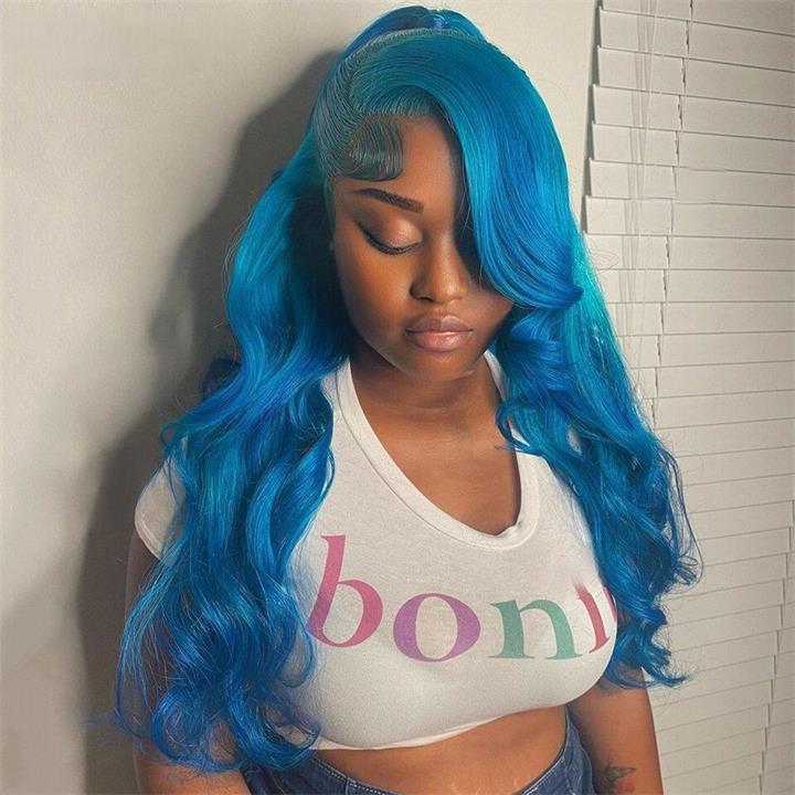 Ombre Lake Blue Body Wave HD Transparent Lace Wig Lake Blue Pre Plucked Human Hair Wigs Daisy Hair