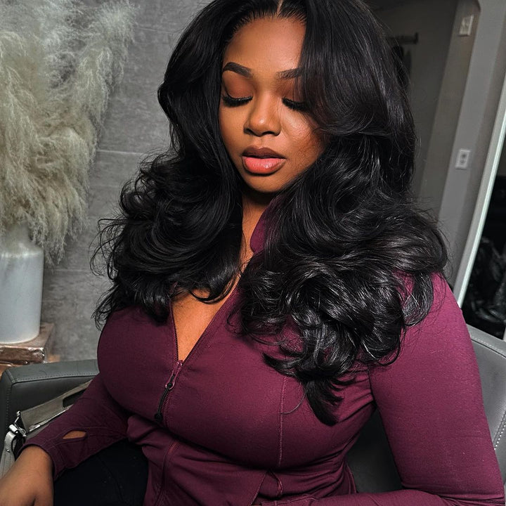 Body Wave Curtain Bangs Wigs 13X4 HD Lace Front Human Hair Wig With Bangs Pre Plucked Natural Hairline Daisy Hair