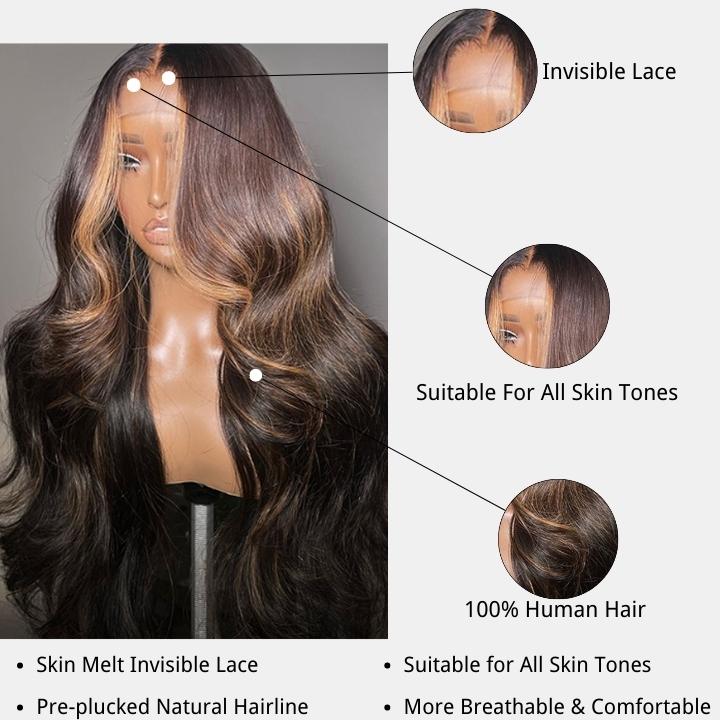 Money Piece Brown Body Wave HD Transparent Lace Front Wigs Glueless Skunk Stripe Color Human Hair Wigs-Daisy Hair