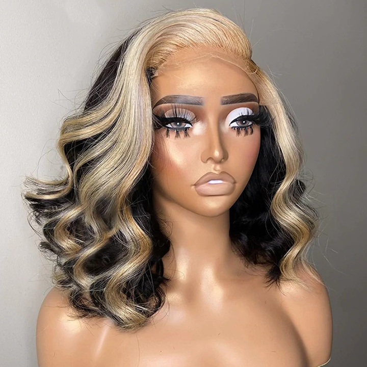 Body Wave Hair Short Bob Black Wig With Blonde Highlights Ombre Hair 13x4 Lace Front 4x4/5x5 Closure Human Hair Wig Daisy Hair