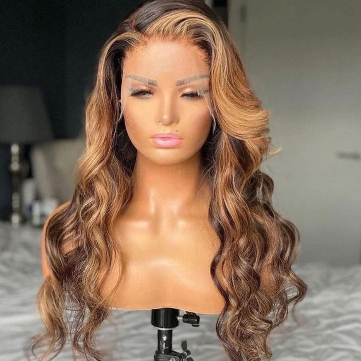 HD Lace Honey Blonde Highlight Body Wave Wig Undetectable Clear Lace Human Hair With Baby Hair Daisy Hair
