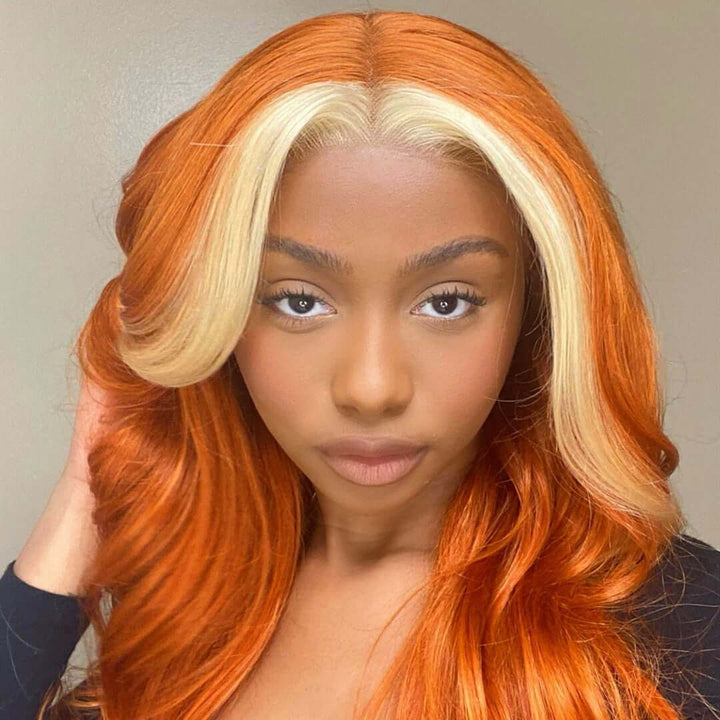 Skunk Stripe Body Wave 13x4/4x4 HD Transparent Lace Wig Ginger Orange Color With #613 Blonde Highlight Wig Colored Human Hair Wigs- Daisy Hair