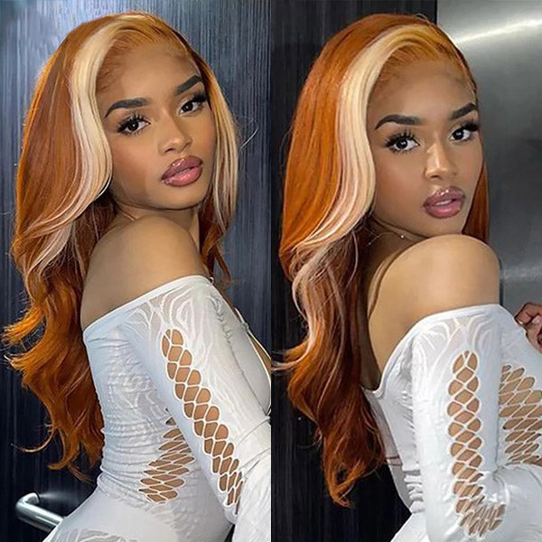 Skunk Stripe Body Wave 13x4/4x4 HD Transparent Lace Wig Ginger Orange Color With #613 Blonde Highlight Wig Colored Human Hair Wigs- Daisy Hair