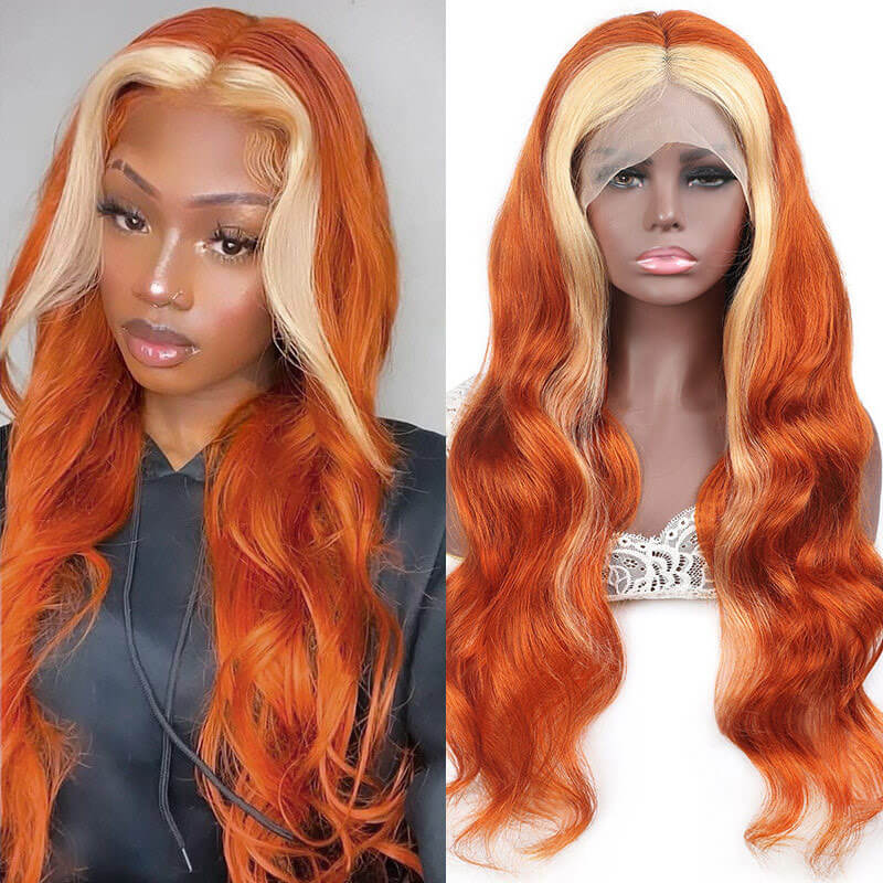 Skunk Stripe Body Wave 13x4/4x4 HD Transparent Lace Wig Ginger Orange Color With #613 Blonde Highlight Wig Colored Human Hair Wigs- Daisy Hair