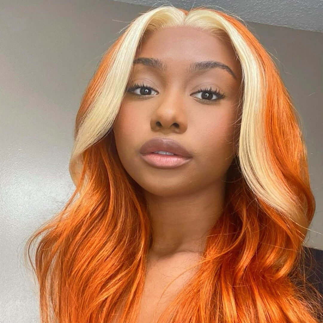Skunk Stripe Body Wave 13x4/4x4 HD Transparent Lace Wig Ginger Orange Color With #613 Blonde Highlight Wig Colored Human Hair Wigs- Daisy Hair