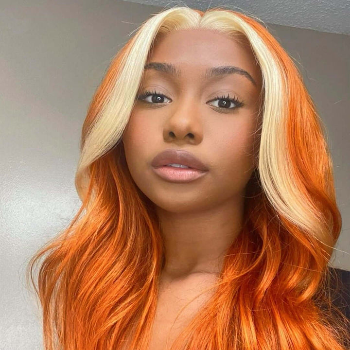 Skunk Stripe Body Wave 13x4/4x4 HD Transparent Lace Wig Ginger Orange Color With #613 Blonde Highlight Wig Colored Human Hair Wigs- Daisy Hair