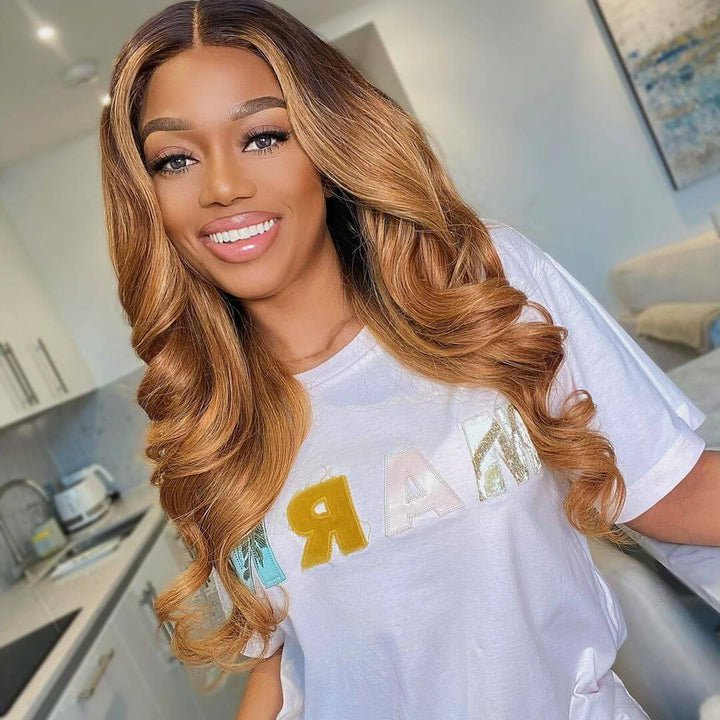 Body Wave Hair 1b/30 Ombre Honey Brown Color Guleless T Part Lace Frontal Wig 100% Virgin Human Hair Wigs- Daisy Hair