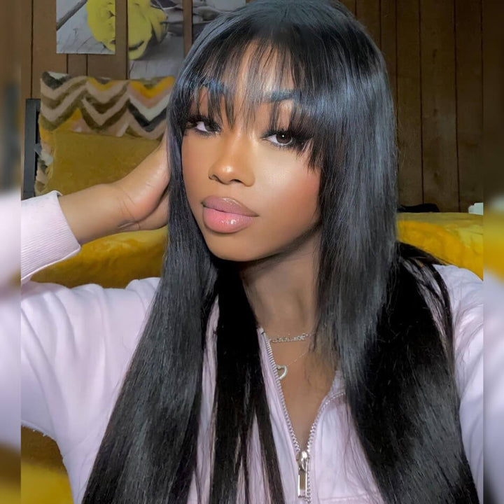 Bone Straight Human Hair Wigs with Bangs Glueless Straight 13x4 Lace Front Wig Pre Blucked Daisy Hair